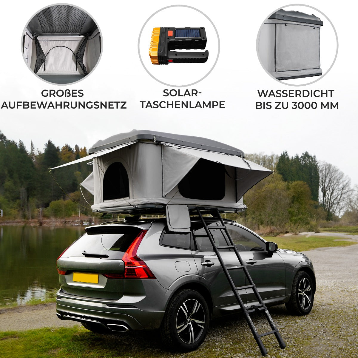 Grau Auto Dachzelt auf einem SUV, mit einer Leiter, wasserdicht bis 3000 mm, ausgestattet mit einem großen Aufbewahrungsnetz und einer Solar-Taschenlampe