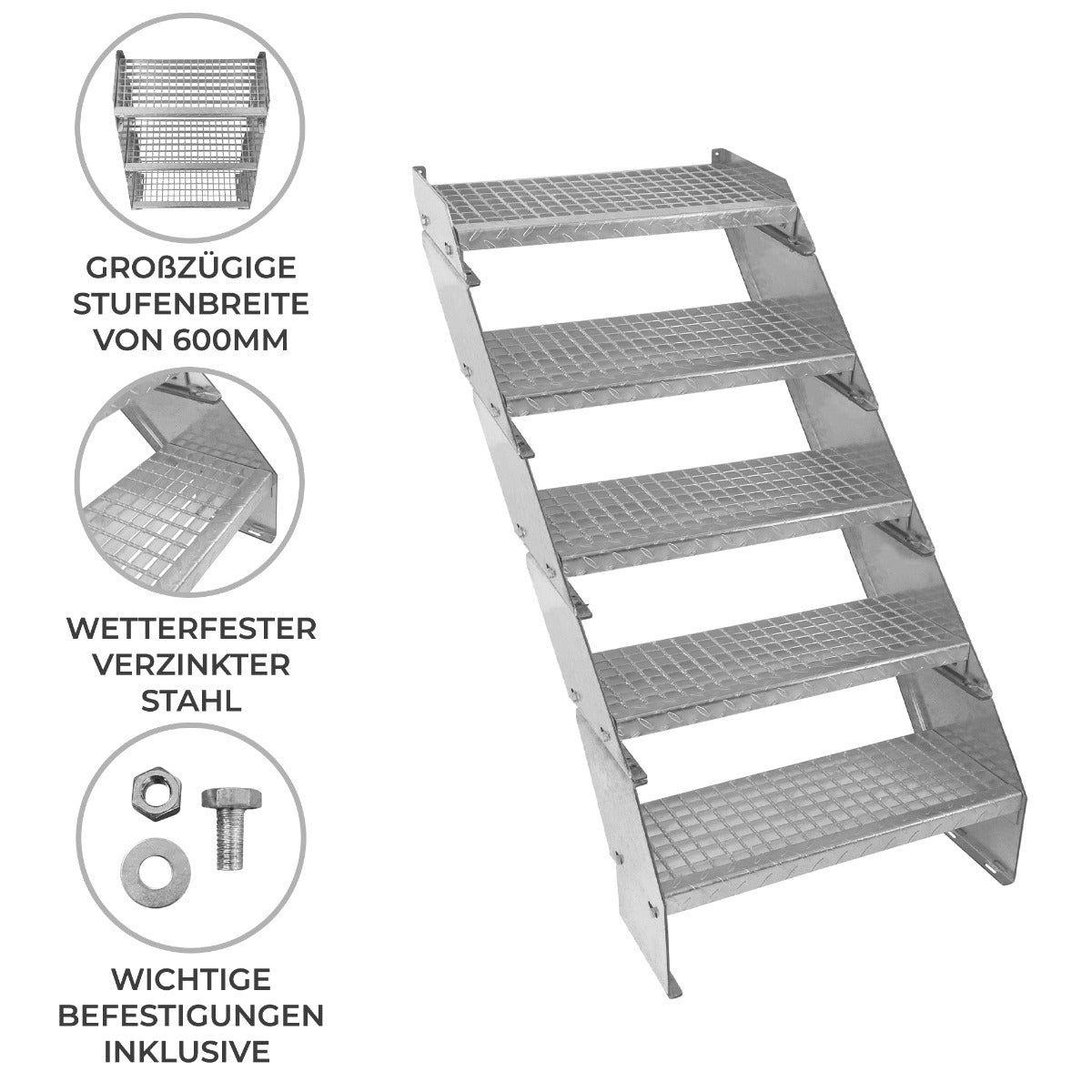 Verstellbare fünfteilige Treppe aus verzinktem Stahl, 600 mm breit, mit rutschfester Oberfläche und stabilen Stufen für sicheren Zugang