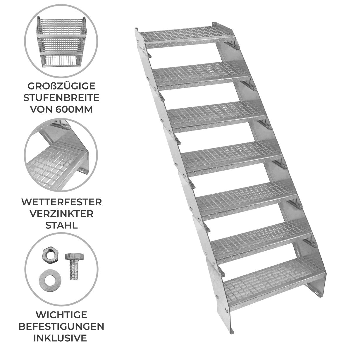 Verstellbare Treppe aus verzinktem Stahl mit sechs breiten Stufen, rutschfester Oberfläche, ideal für den Innen- und Außenbereich, inklusive Befestigungen
