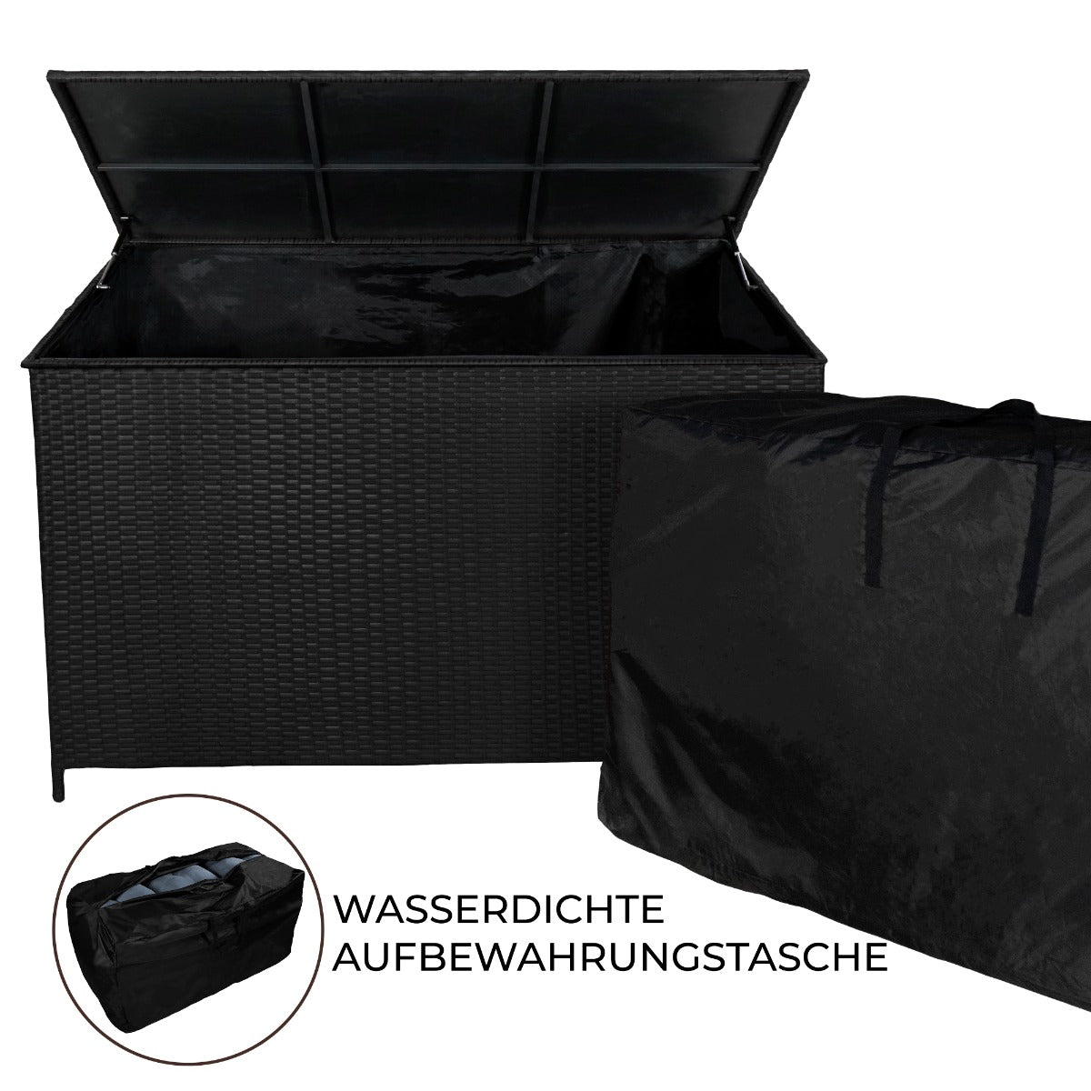 Schwarze Rattan Kissenbox mit wasserdichter Aufbewahrungstasche, robustes Material, rechteckige Form, ideal für die Aufbewahrung im Freien