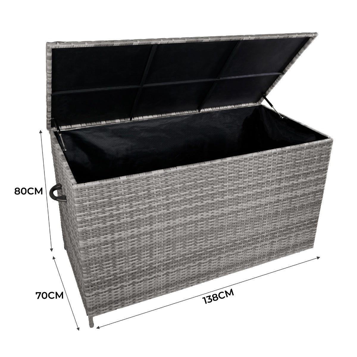 Grau geflochtene Rattan Kissenbox mit schwarzem Innenfutter, großzügigem Stauraum und praktischen Griffen, ideal für Gartenmöbel und Aufbewahrung