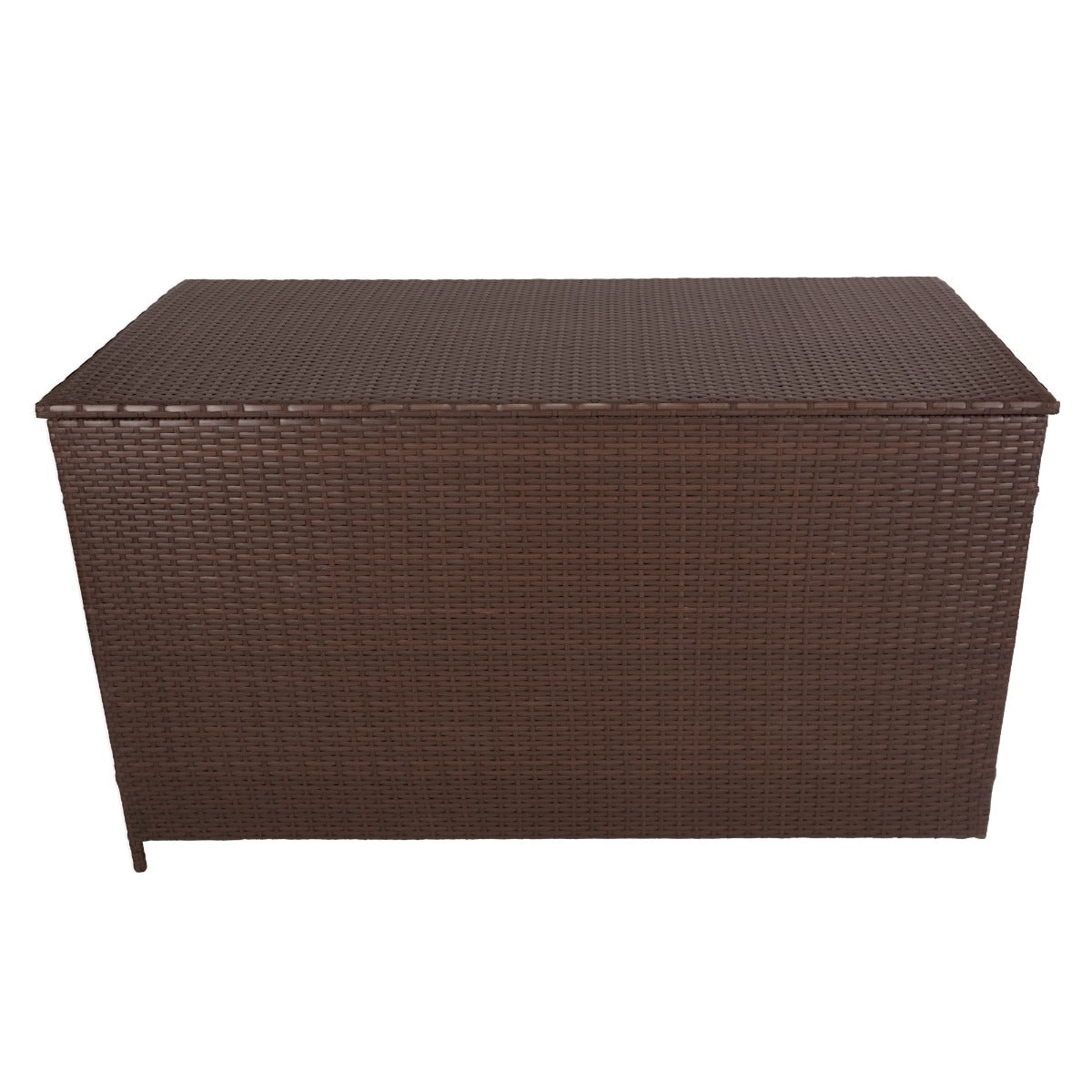 Braune Rattan Kissenbox mit geflochtener Oberfläche, rechteckiger Form und stabiler Struktur, ideal zur Aufbewahrung von Gartenkissen und Zubehör