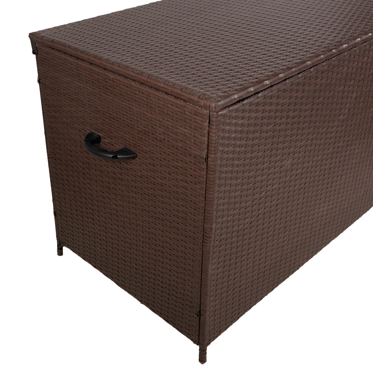 Braune Rattan Kissenbox mit geflochtener Oberfläche, rechteckiger Form und seitlichem Griff für einfachen Transport und Aufbewahrung