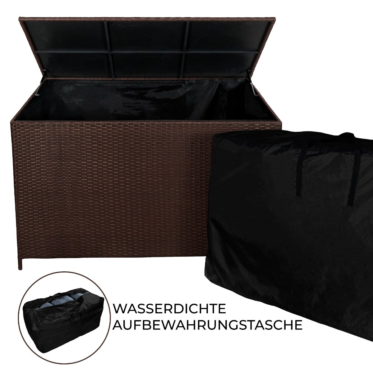 Braune Rattan Kissenbox mit einem wasserfesten Aufbewahrungssack, ideal für die Aufbewahrung von Kissen und Gartenaccessoires, robust und stilvoll