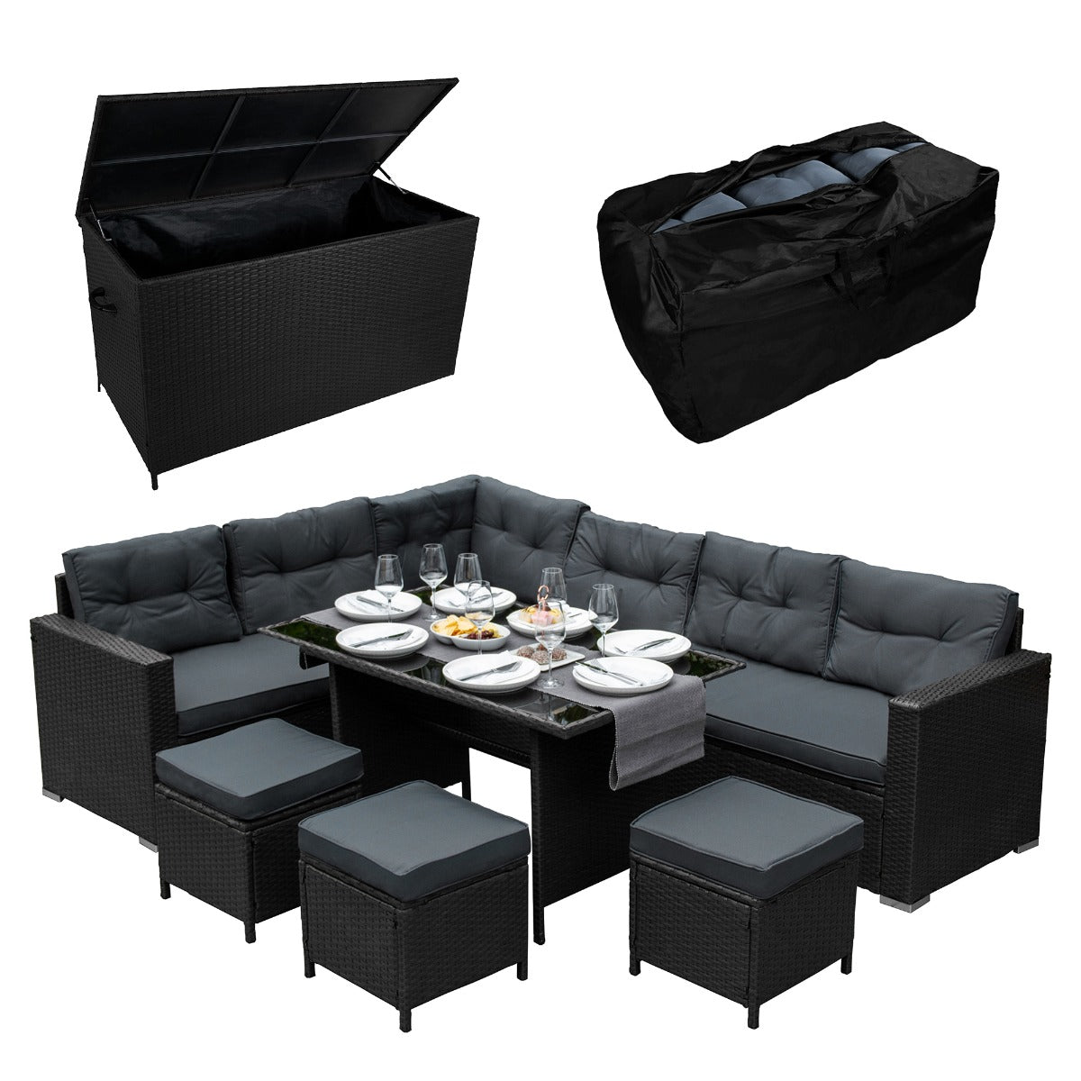Schwarze Rattan Eckgarnitur mit bequemen, grauen Kissen, dazu eine praktische Kissenbox und ein eleganter Tisch, ideal für den Außenbereich