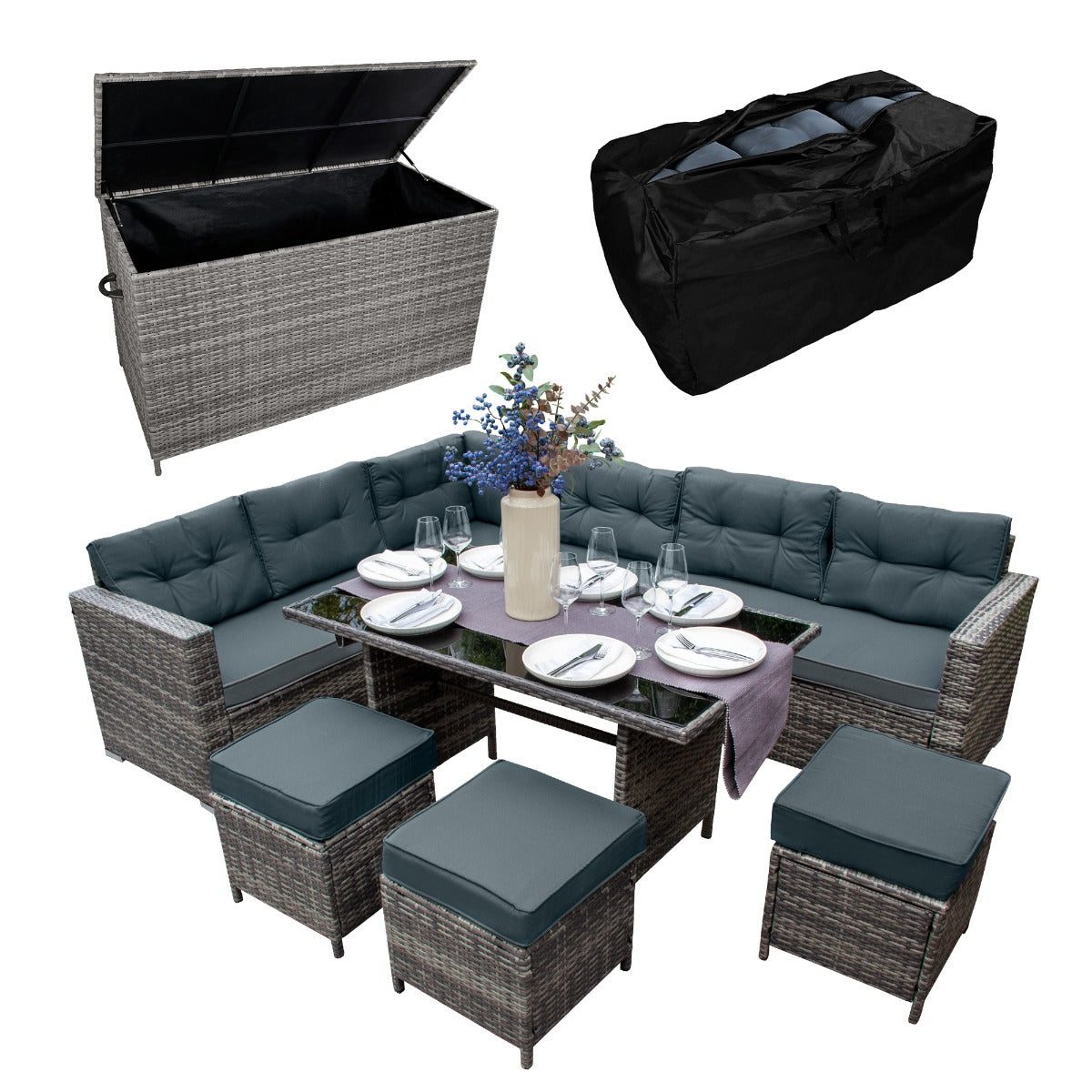 Grau geflochtene Rattan Eckgarnitur mit bequemen Kissen, Tisch mit Glasplatte und praktischer Kissenbox für stilvolle Gartenmöbel