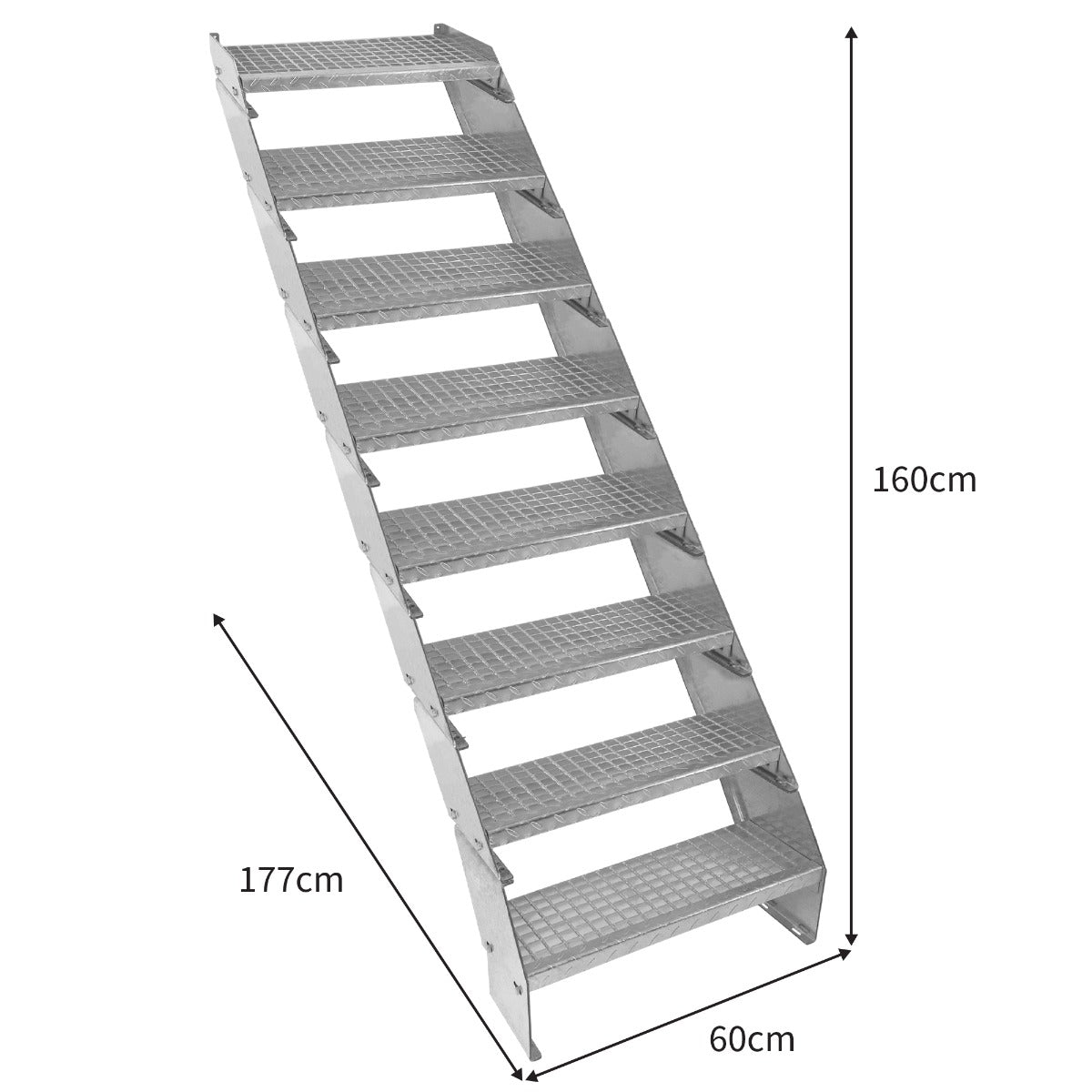 Verstellbare, achtteilige Treppe aus verzinktem Stahl, 600 mm breit, mit rutschfesten Stufen und stabiler Bauweise, ideal für verschiedene Anwendungen