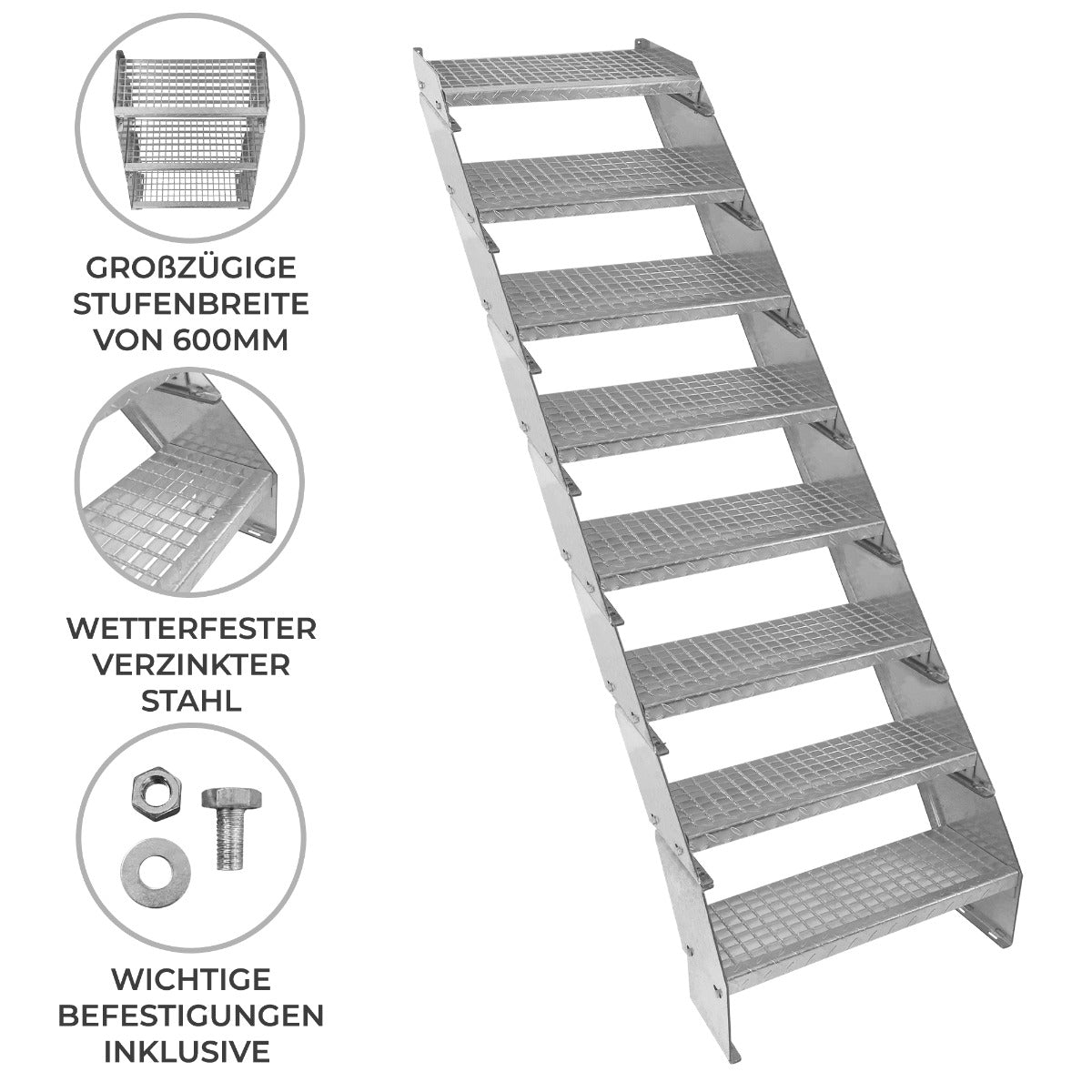 Verstellbare Treppe aus wetterfestem verzinktem Stahl, 600 mm breit, mit acht rutschfesten Stufen und robustem, strukturiertem Design