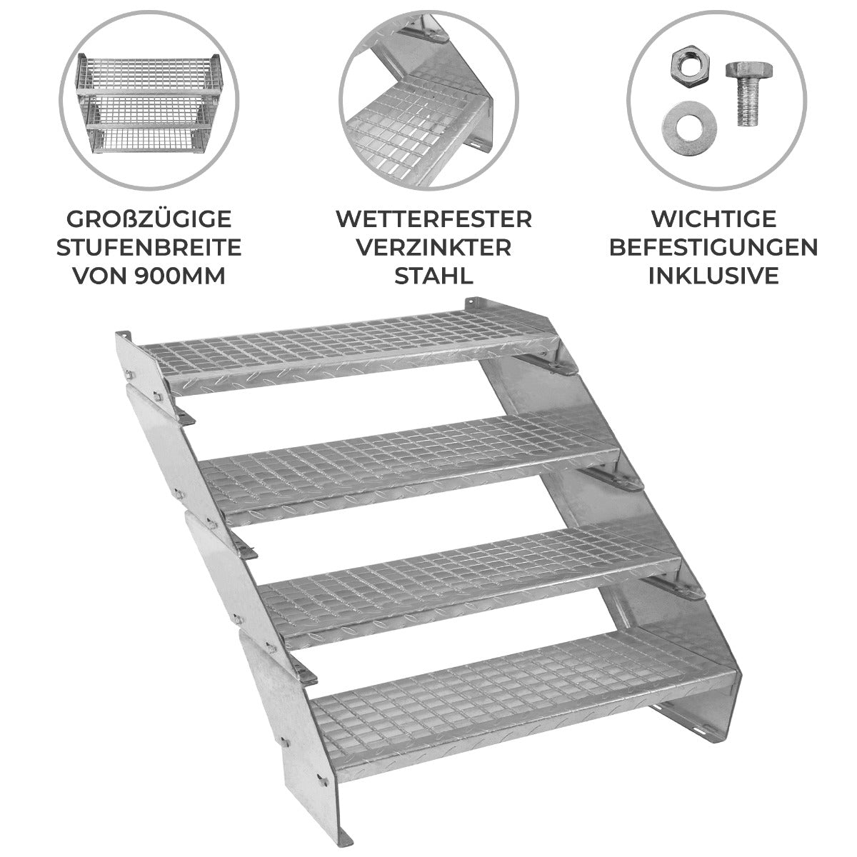 Verstellbare Treppe aus wetterfestem, verzinktem Stahl mit vier rutschfesten Stufen, 900 mm breit, ideal für den Innen- und Außenbereich