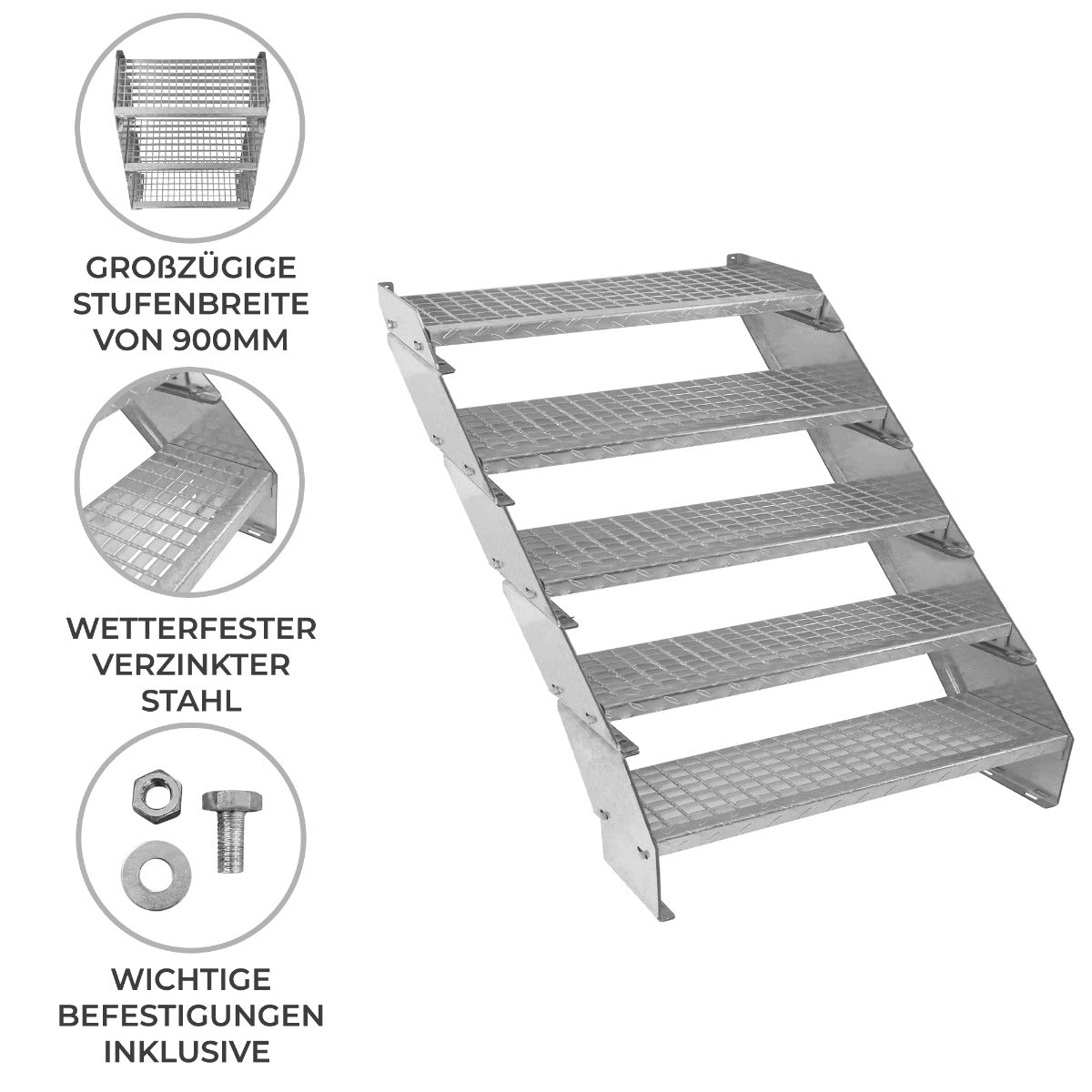 Verstellbare fünfteilige Treppe aus wetterfestem verzinktem Stahl, mit großzügigen Stufen von 900 mm Breite und rutschfester Oberfläche