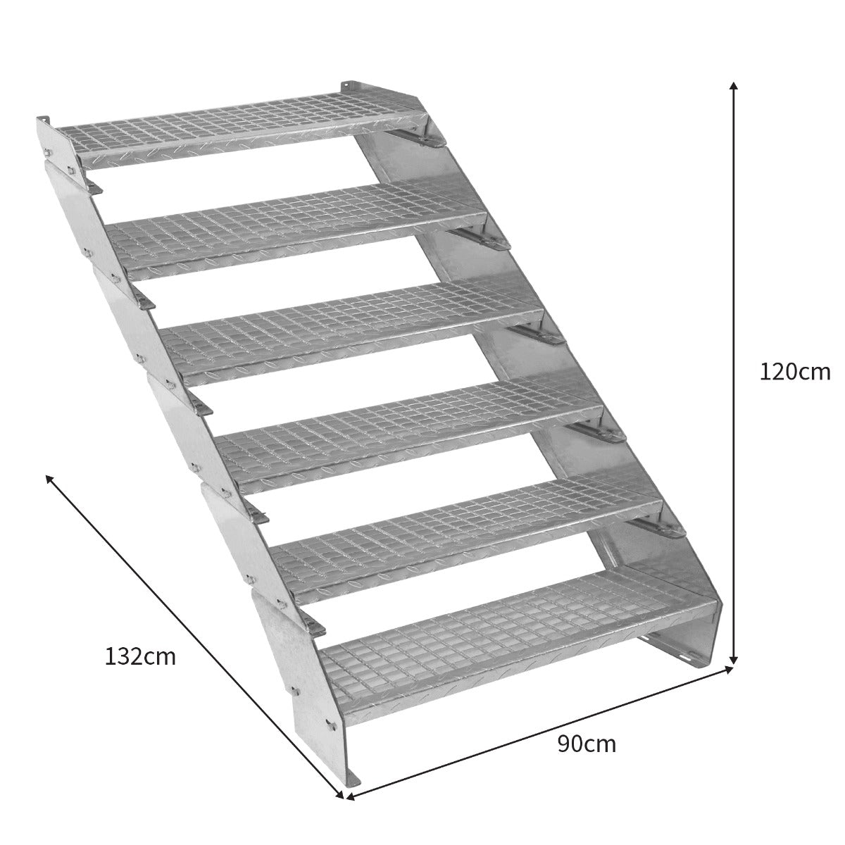 Verstellbare Treppe aus verzinktem Stahl mit sechs Stufen, 900 mm breit, rutschfeste Oberfläche, robust und langlebig, ideal für verschiedene Anwendungen