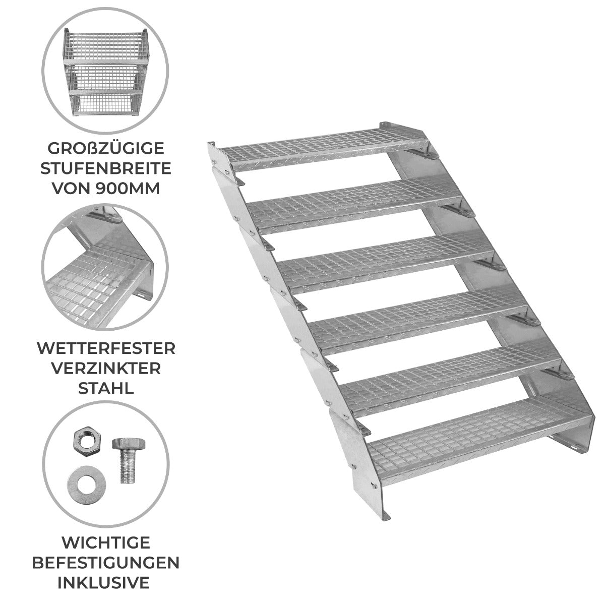 Verstellbare Treppe aus verzinktem Stahl mit fünf rutschfesten Stufen, 900 mm breit, ideal für den Innen- und Außenbereich, inklusive Befestigungen