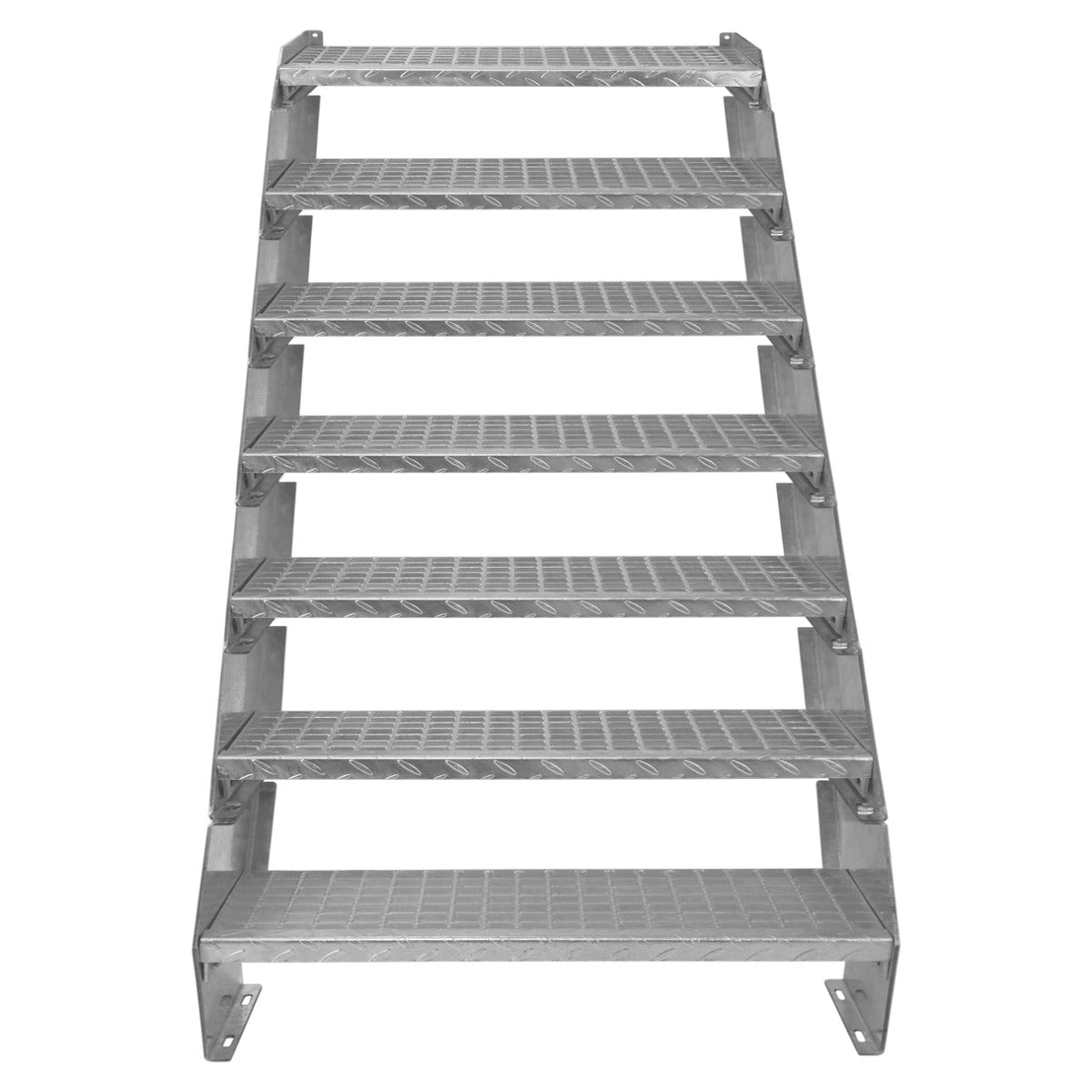 Verstellbare, siebenstufige Treppe aus verzinktem Stahl, 900 mm breit, mit rutschfester Oberfläche und stabilen Seitenwangen für Sicherheit und Haltbarkeit