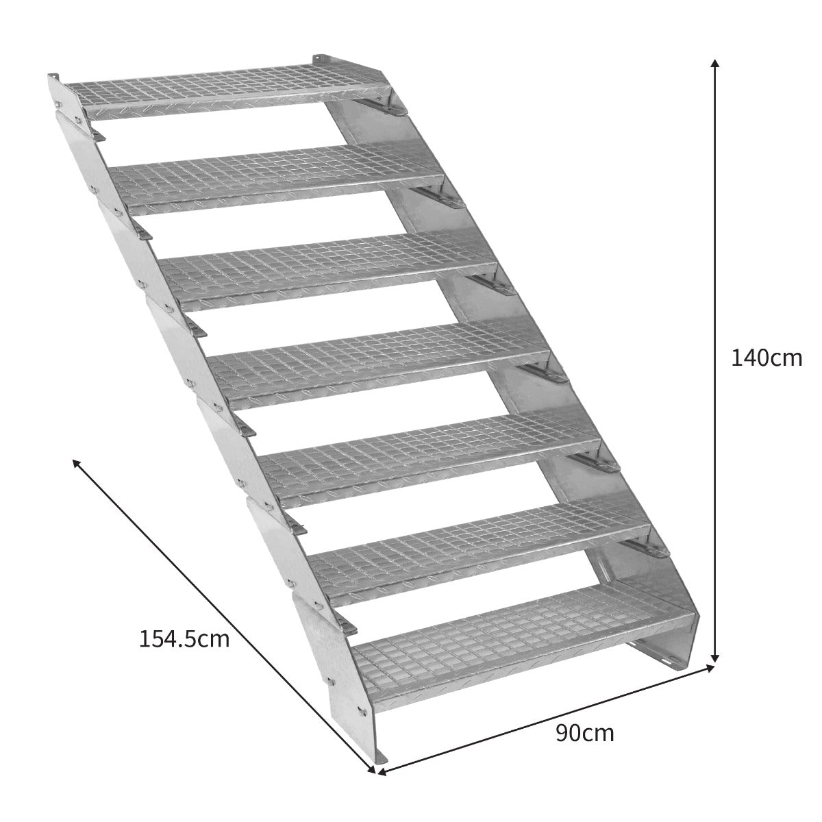 Verstellbare, verzinkte Stahltreppe mit sieben Stufen, 900 mm breit, rutschfester Gitterrost, robust und langlebig, ideal für den Außenbereich