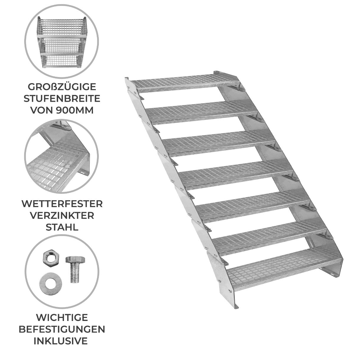Verstellbare Treppe aus verzinktem Stahl mit großzügigen 900 mm breiten Stufen, rutschfester Oberfläche und stabiler Konstruktion, inklusive Befestigungen