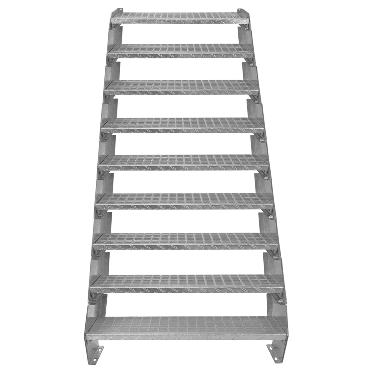 Verstellbare Treppe aus verzinktem Stahl mit neun Stufen, 900 mm breit, rutschfeste Oberfläche und robuste Konstruktion für sicheren Zugang