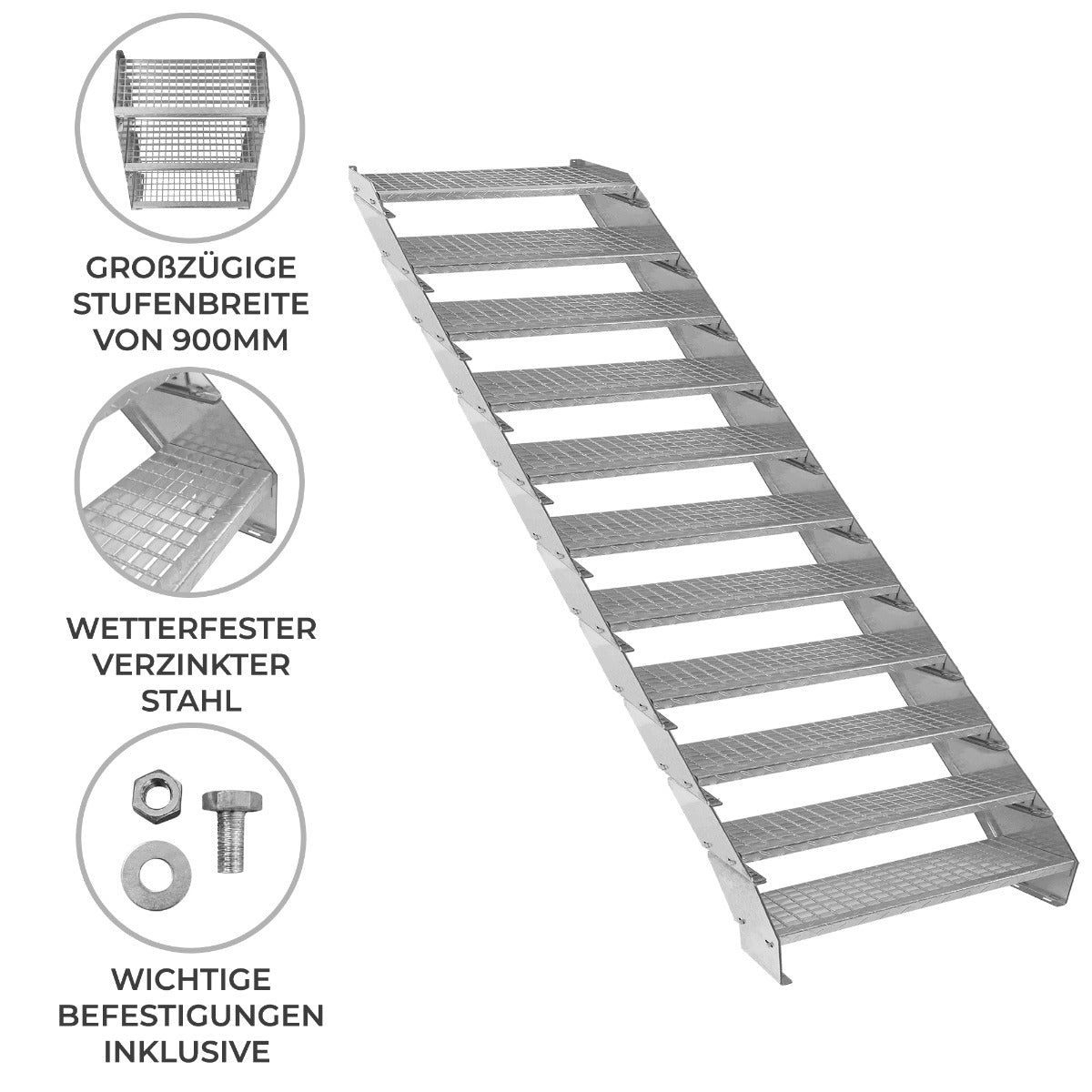 Verstellbare Treppe aus verzinktem Stahl mit 900 mm breiten, rutschfesten Stufen und wetterfestem Design, inklusive wichtiger Befestigungen