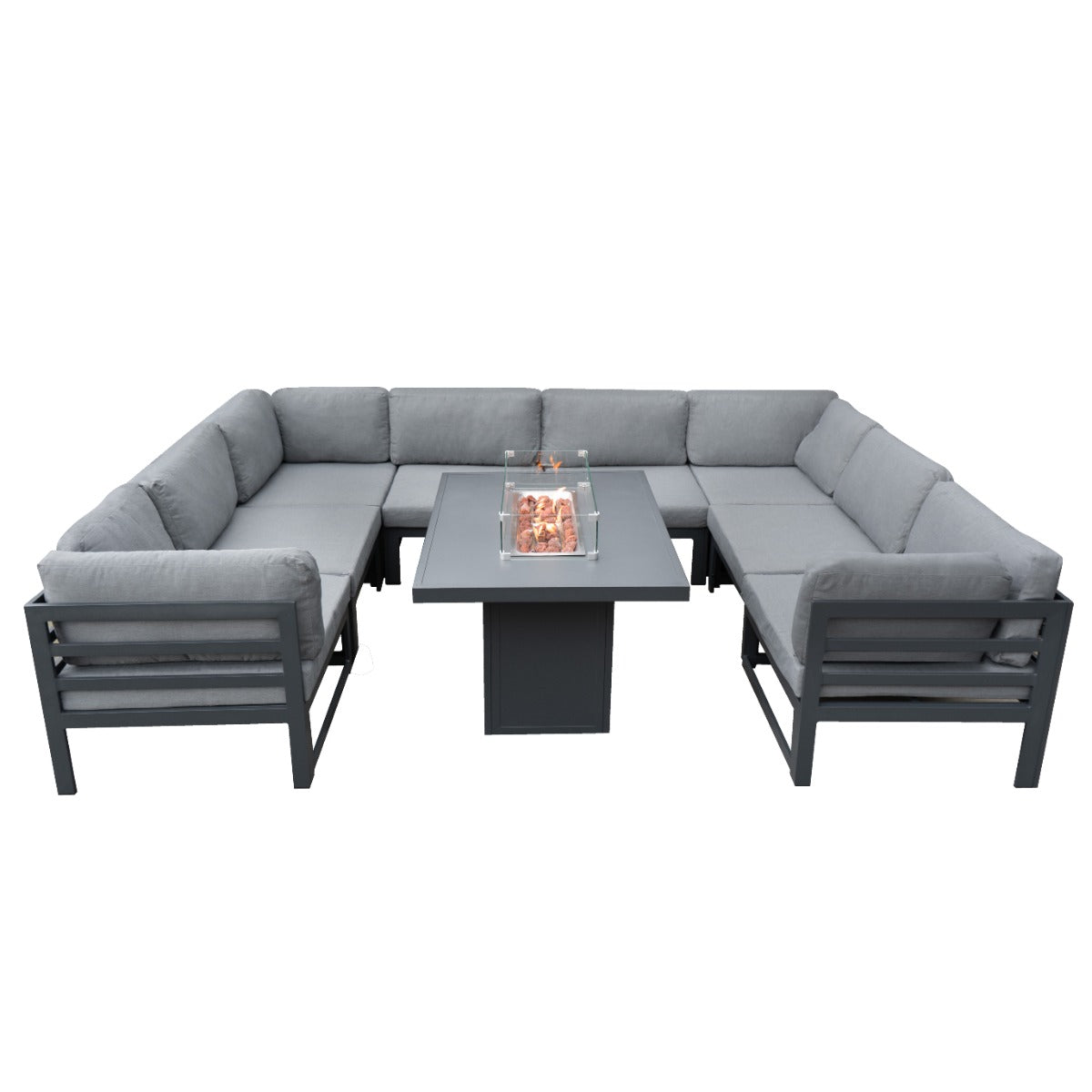 Modulares Gartenlounge-Set in Grau mit weichen Polstern und integrierter Feuerstelle, ideal für entspannte Abende im Freien