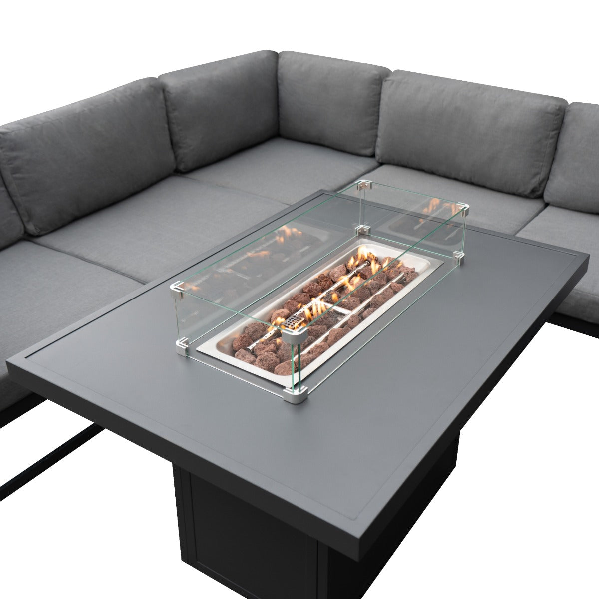 Modulares Gartenlounge-Set mit grauem, weichem Polster und integrierter Feuerstelle aus Glas und Edelstahl, ideal für gemütliche Abende im Freien