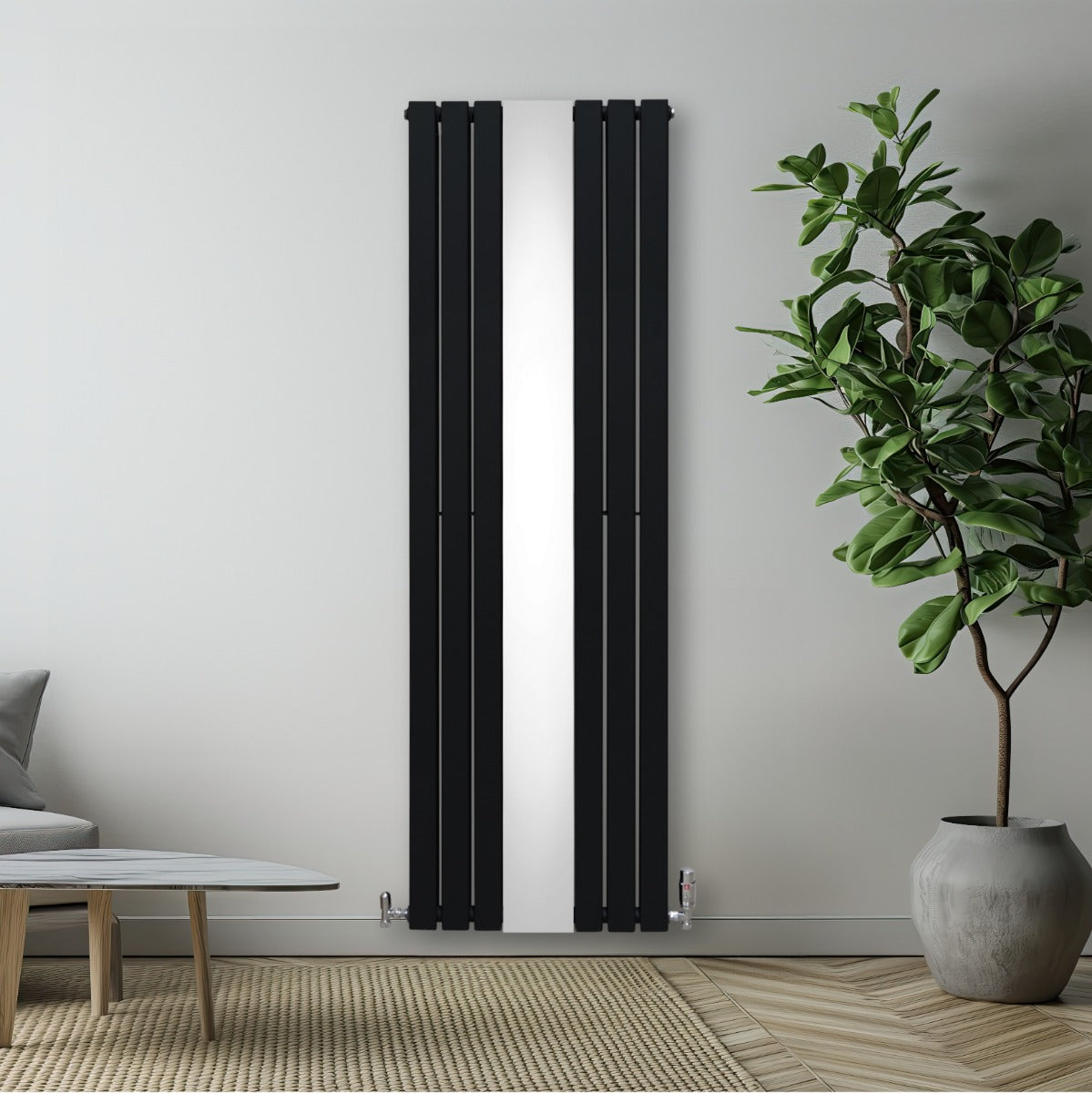 Schwarzer Heizkörper mit integriertem Spiegel, 1800mm x 565mm, schlankes Design, vertikale Lamellen, moderne Ästhetik, ideal für stilvolle Räume