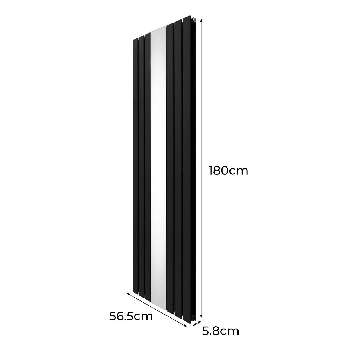 Schwarzer Heizkörper mit integriertem Spiegel, 1800mm hoch und 565mm breit, vertikale Lamellenstruktur, modernes Design, ideal für stilvolle Räume