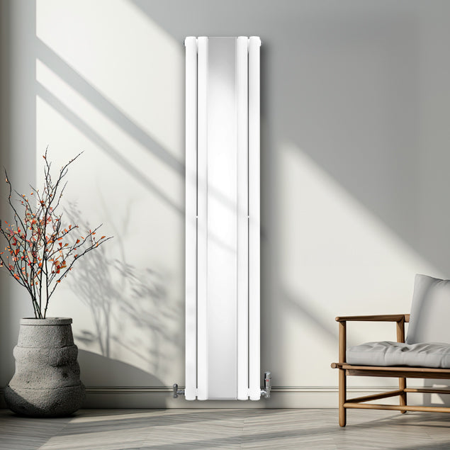 Ovaler Röhrenheizkörper in Weiß mit Spiegel, 1800mm x 380mm, modern und elegant, ideal für stilvolle Wohnräume, kombiniert Funktionalität und Design