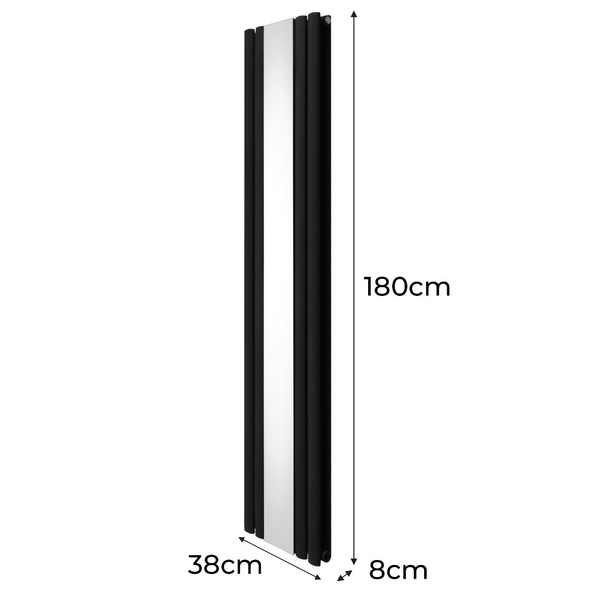 Schwarzer ovaler Röhrenheizkörper mit integriertem Spiegel, 180 cm hoch und 38 cm breit, modernes Design, glatte Oberfläche und elegante Linienführung