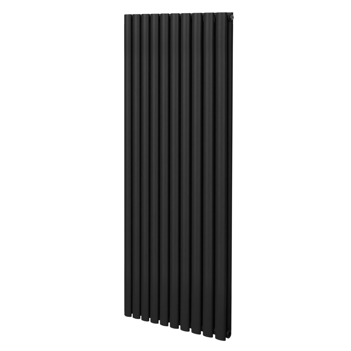 Schwarzer ovaler Röhrenheizkörper mit einer Höhe von 1600 mm und einer Breite von 600 mm, schlankes Design mit glatter Oberfläche und vertikalen Röhren