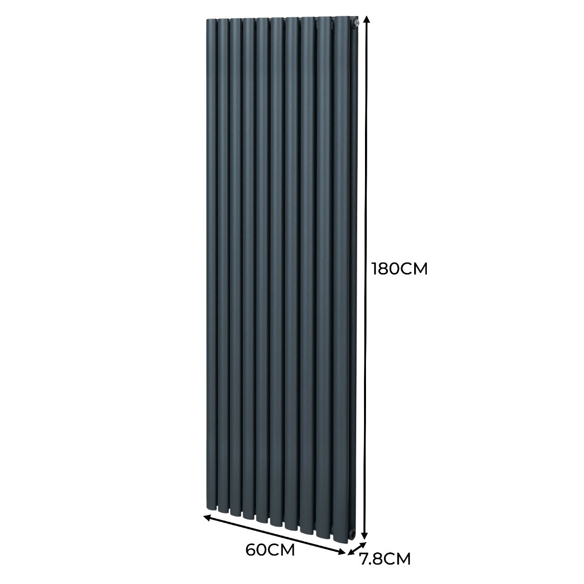 Ovaler Röhrenheizkörper in Anthrazitgrau, 1800mm x 600mm, mit vertikalen Lamellen und glatter Oberfläche, ideal für moderne Innenräume