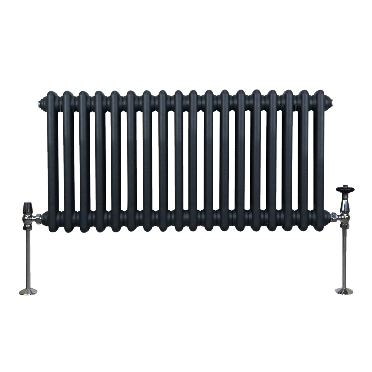 Traditioneller 2-Spalten-Heizkörper in Anthrazitgrau, mit geripptem Design, glänzenden Metallfüßen und Ventil, ideal für stilvolle Heizlösungen