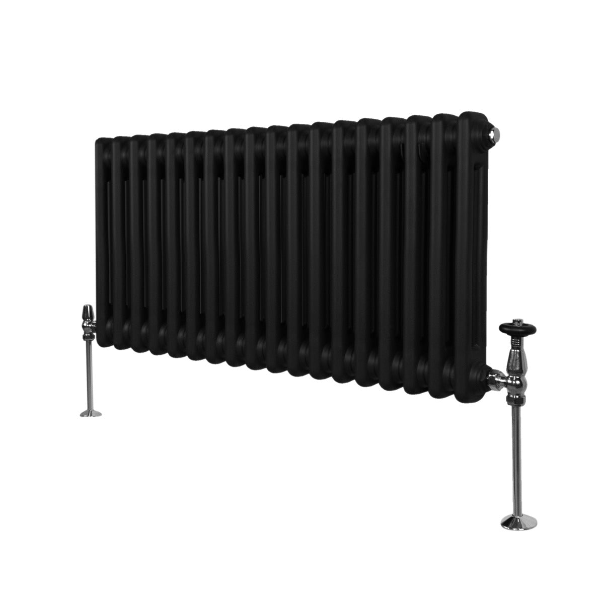 Traditioneller 2-Spalten-Heizkörper in Schwarz, 300 x 832 mm, mit glänzenden Ventilen und glatter, robuster Oberfläche für effiziente Wärmeabgabe