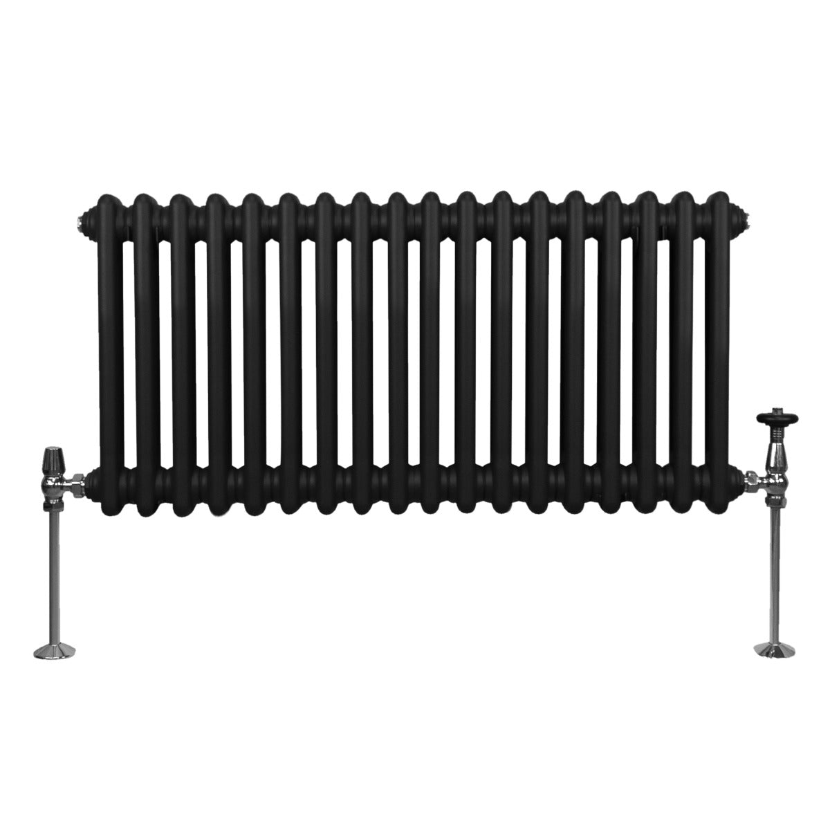Traditioneller 2-Spalten-Heizkörper in Schwarz, 300 x 832 mm, mit runden Rohren und verchromten Ventilen für eleganten Look und effiziente Wärmeabgabe