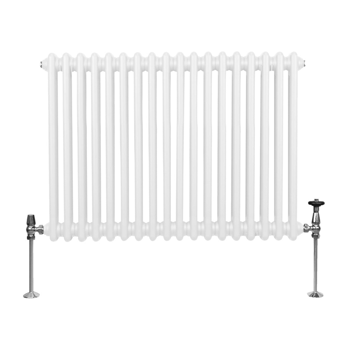 Traditioneller 2-Spalten-Heizkörper in Weiß, 600 x 832 mm, mit glänzender Oberfläche und zwei seitlichen Ventilen für effiziente Wärmeverteilung