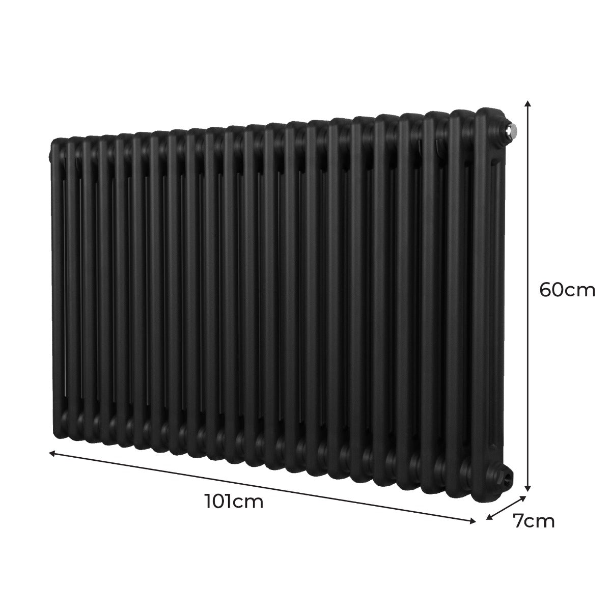 Traditioneller 2-Spalten-Heizkörper in elegantem Schwarz, 600 x 1012 mm, mit glatten, runden Röhren und robustem Metallmaterial für effiziente Wärmeabgabe