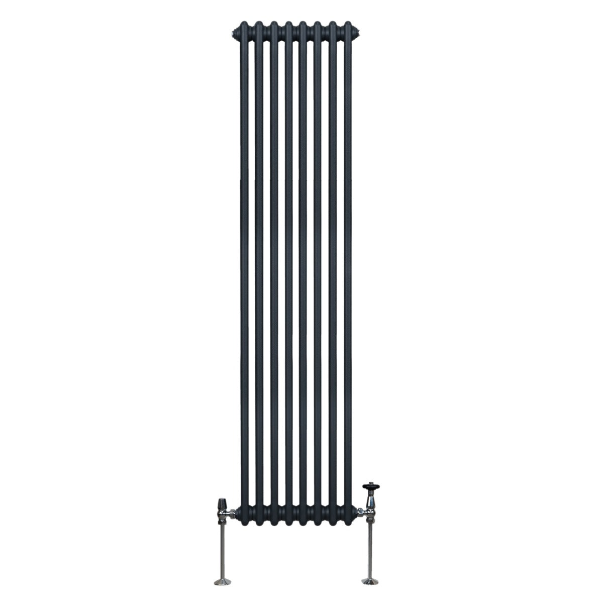 Traditioneller 2-Spalten-Heizkörper in Anthrazitgrau, 1800 x 382 mm, mit vertikalen Röhren und glänzenden Metallventilen, ideal für moderne Innenräume