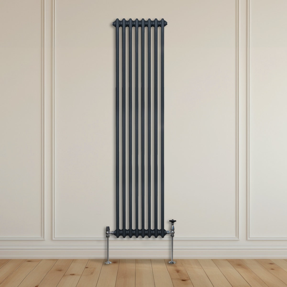 Traditioneller 2-Spalten-Heizkörper in Anthrazitgrau, vertikal montiert an einer hellen Wand, mit glänzenden Metallfüßen und Holzfußboden