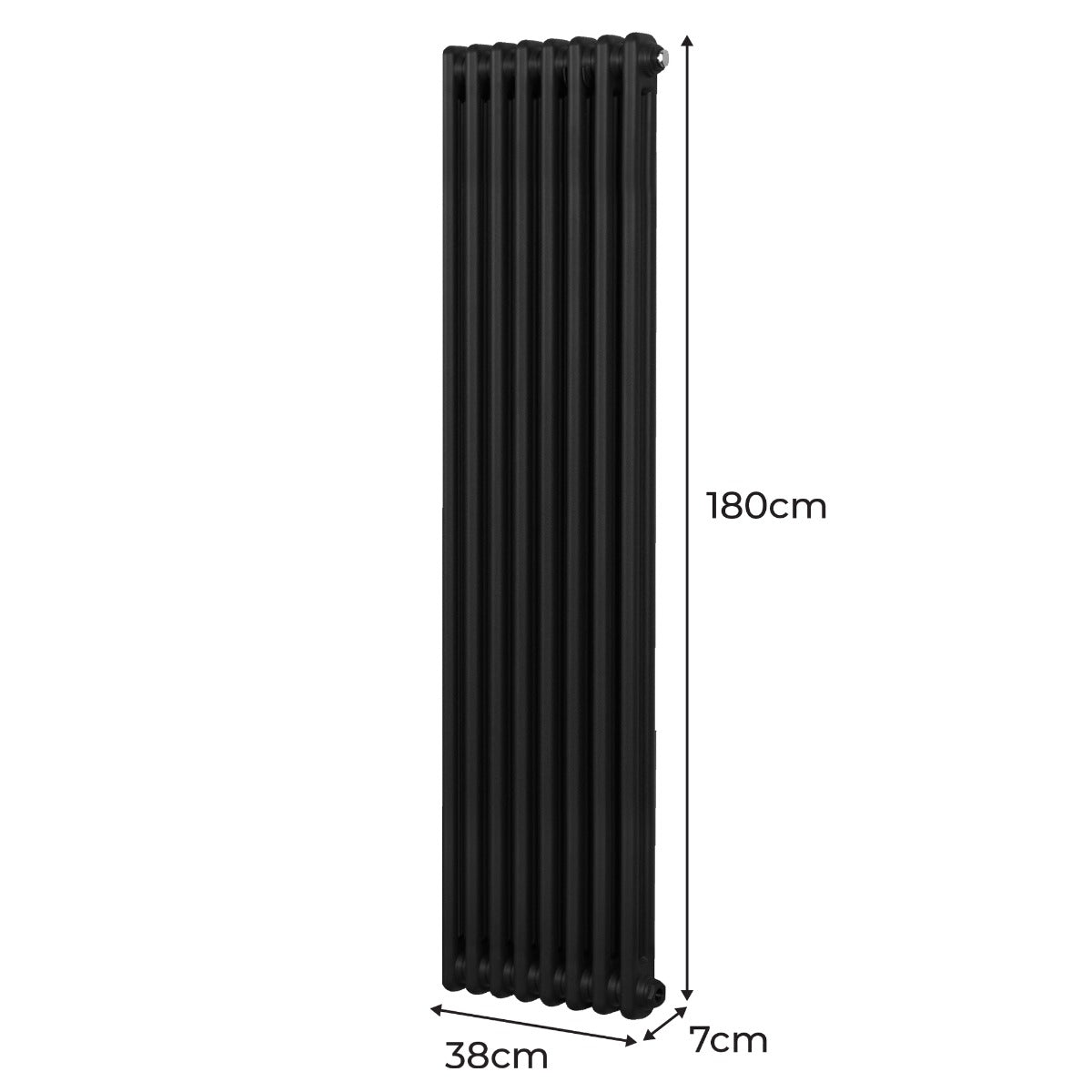 Traditioneller 2-Spalten-Heizkörper in elegantem Schwarz, 180 cm hoch, 38 cm breit, mit glatter Oberfläche und vertikaler Anordnung der Heizrippen