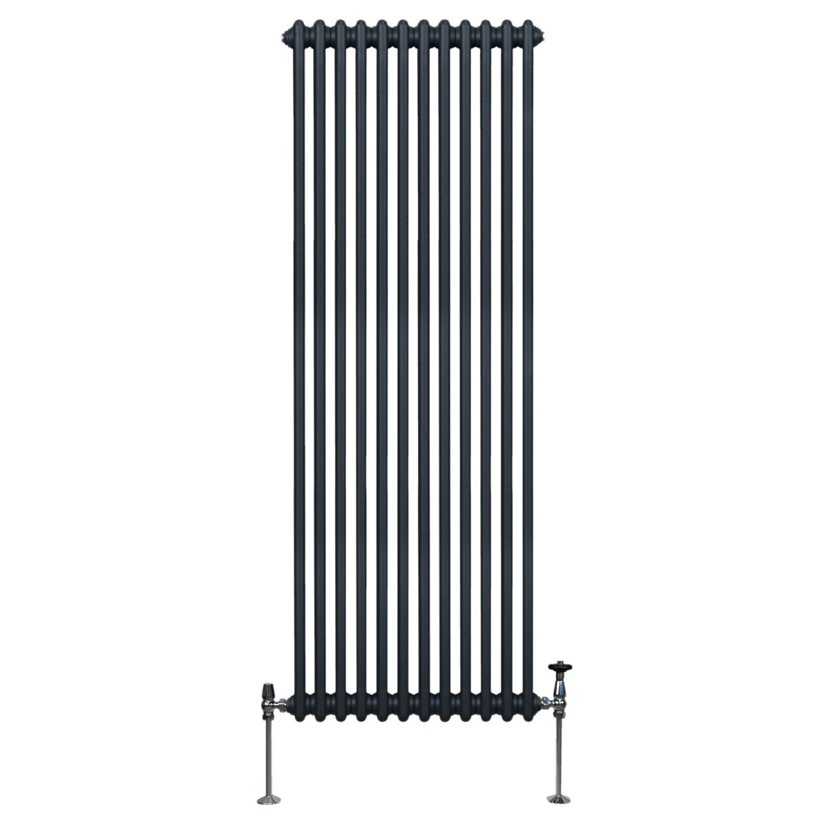 Traditioneller 2-Spalten-Heizkörper in Anthrazitgrau, 1800 x 562 mm, mit vertikalen Röhren und stabilen Füßen für effiziente Wärmeabgabe