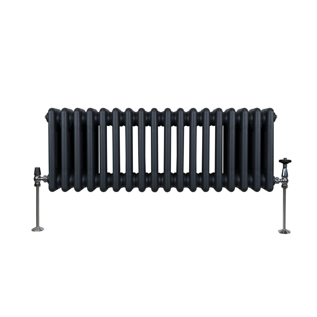 Traditioneller 3-Spalten-Heizkörper in Anthrazitgrau, 300 x 832 mm, mit glatten, runden Röhren und stabilen Metallfüßen für effiziente Wärmeabgabe