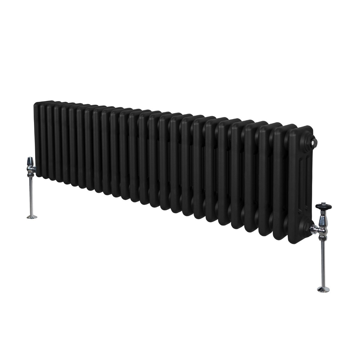 Traditioneller 3-Spalten-Heizkörper in Schwarz, 300 x 1192 mm, mit glatter Oberfläche und stabilen Füßen für effiziente Wärmeabgabe