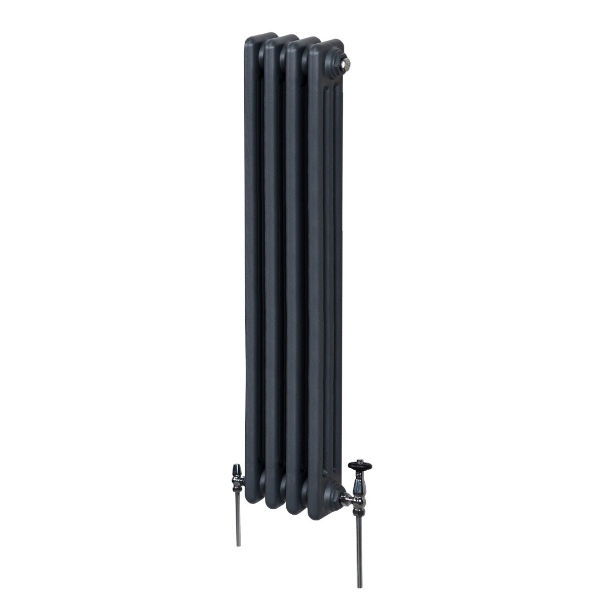 Traditioneller 3-Spalten-Heizkörper in Anthrazitgrau, 1500 x 202 mm, mit glatten, runden Kanten und zwei seitlichen Ventilen für effiziente Wärmeverteilung