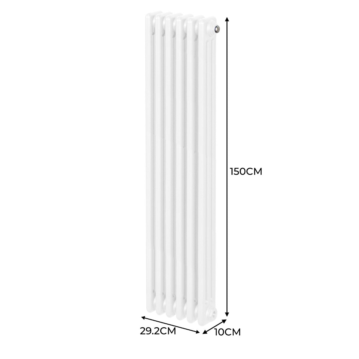 Traditioneller 3-Spalten-Heizkörper in Weiß, 1500 x 292 mm, mit glatter Oberfläche und eleganten, abgerundeten Kanten für moderne Innenräume