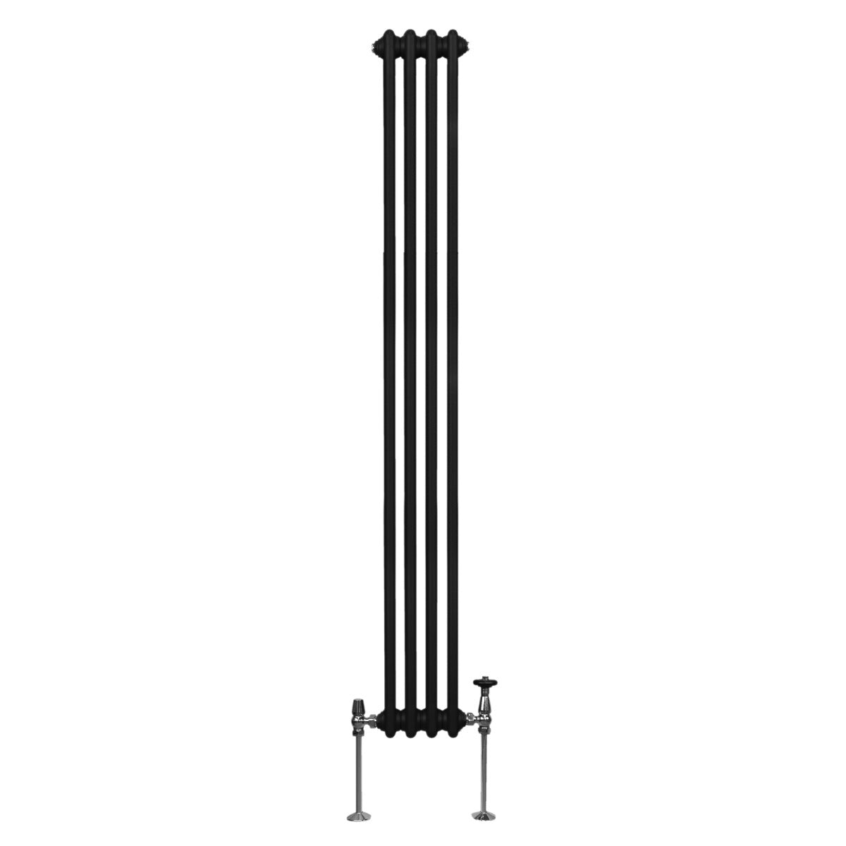 Traditioneller 3-Spalten-Heizkörper in elegantem Schwarz, 1800 x 202 mm, mit glatten, vertikalen Röhren und verchromten Ventilen für modernes Wohndesign