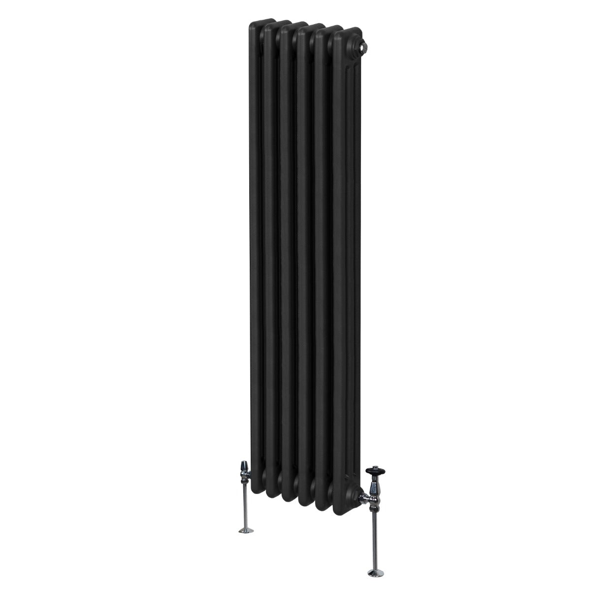 Traditioneller 3-Spalten-Heizkörper in Schwarz, 1800 x 292 mm, mit glatten, vertikalen Lamellen und stabilen Füßen aus Metall