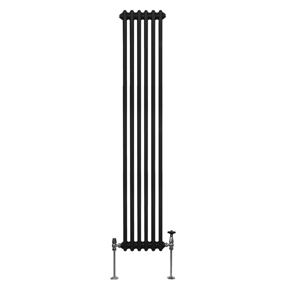 Traditioneller 3-Spalten-Heizkörper in Schwarz, 1800 x 292 mm, mit vertikalen Röhren und glänzenden Metallfüßen, ideal für moderne Räume