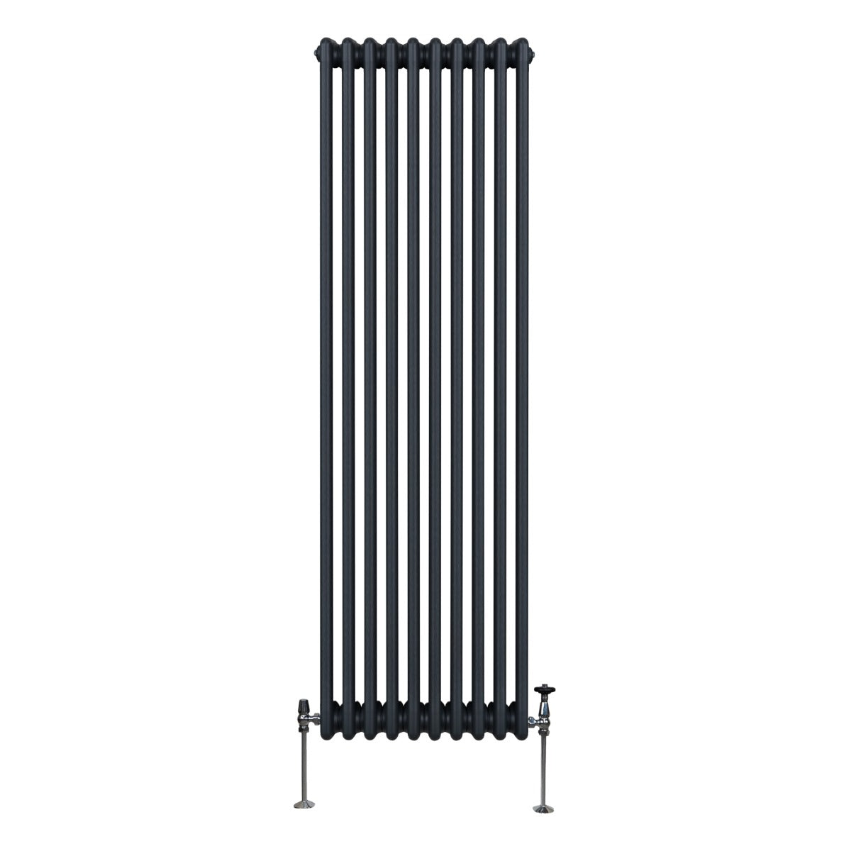 Traditioneller 3-Spalten-Heizkörper in Anthrazitgrau, 1800 x 472 mm, mit vertikalen Röhren und stabilen Füßen aus Metall