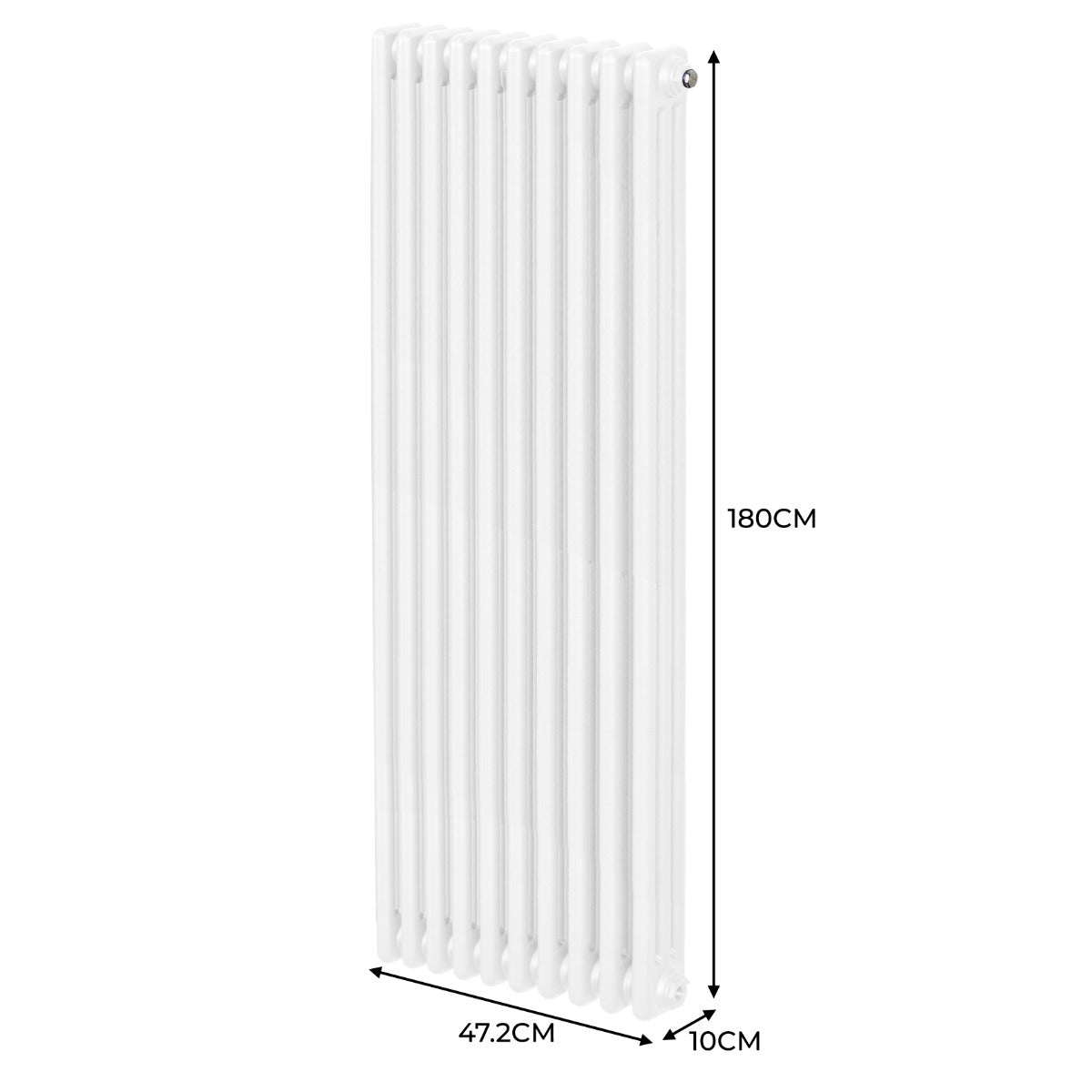 Traditioneller 3-Spalten-Heizkörper in Weiß, 180 cm hoch und 47,2 cm breit, mit glatter Oberfläche und schmalem, vertikalem Design für moderne Räume