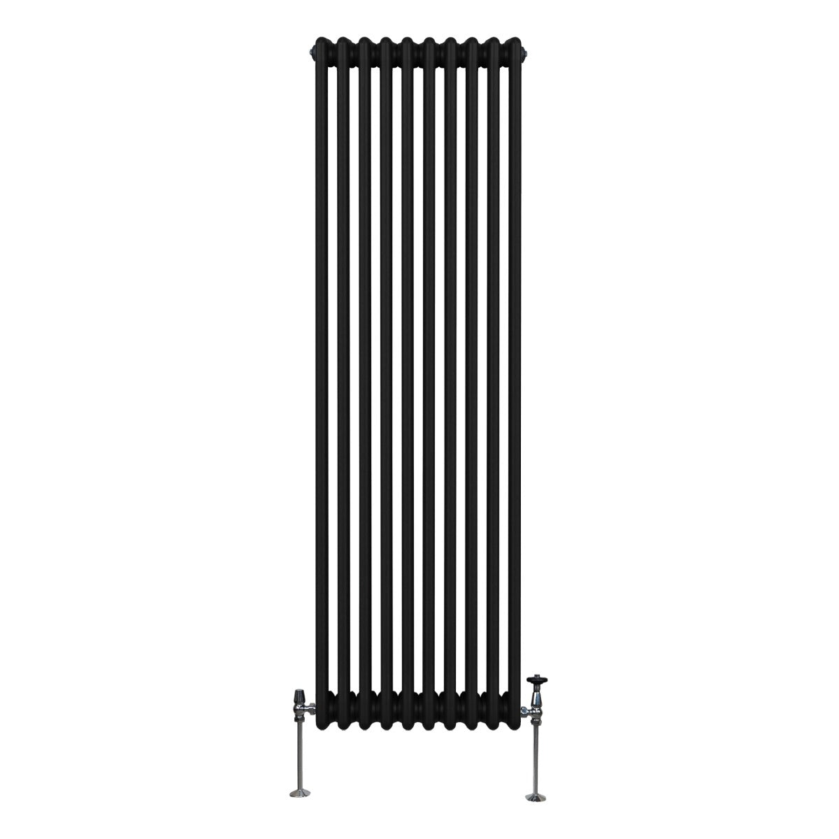 Traditioneller 3-Spalten-Heizkörper in elegantem Schwarz, 1800 x 472 mm, mit vertikalen Röhren und stabilen Füßen für moderne Innenräume