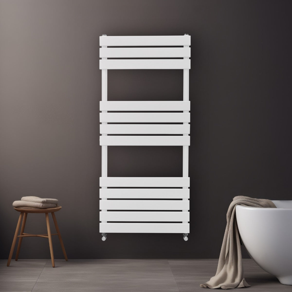 Flachheizkörper für Handtücher in Weiß, 1200mm x 500mm, mit modernem, schlankem Design und horizontalen Lamellen, ideal für Badezimmer und Wohnräume