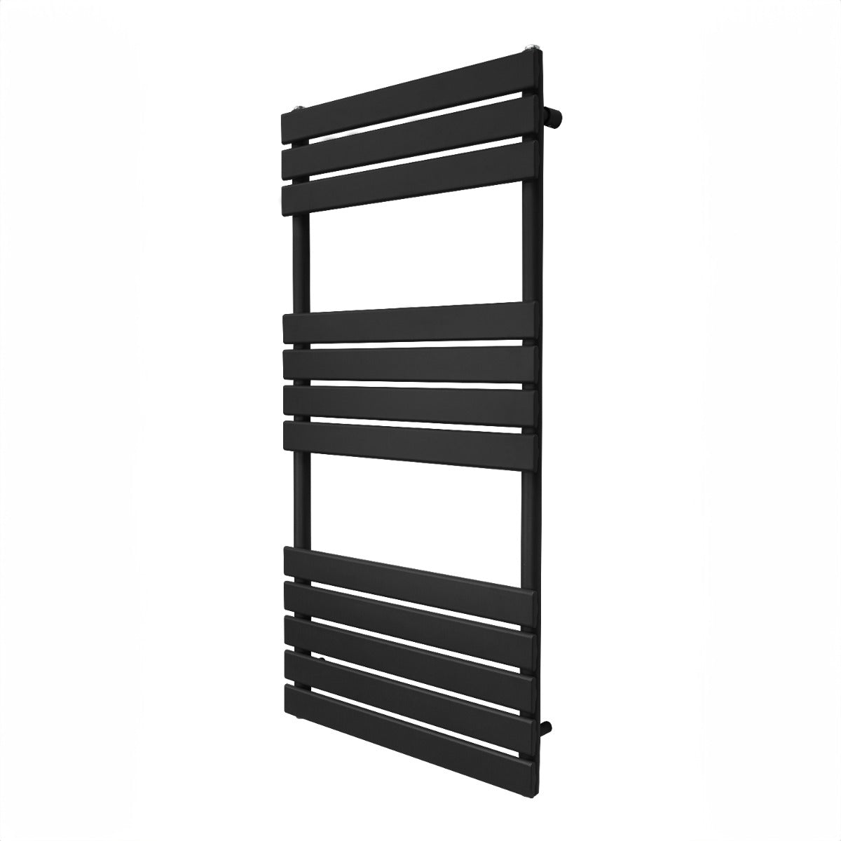 Flachheizkörper für Handtücher in Schwarz, 1200mm x 600mm, mit schlankem, modernem Design und horizontalen Lamellen für effiziente Wärmeverteilung